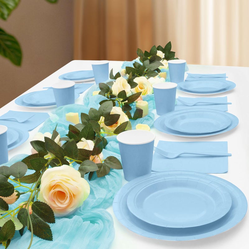 CENLBJ Light Blue Paper Plates and Napkins Party Supplies, Include 9Disposable Blue Plate, 7Dessert Plates Cups Napkins Forks for Baby Shower, Wedding, Birthday, Serves 25 - Image 5